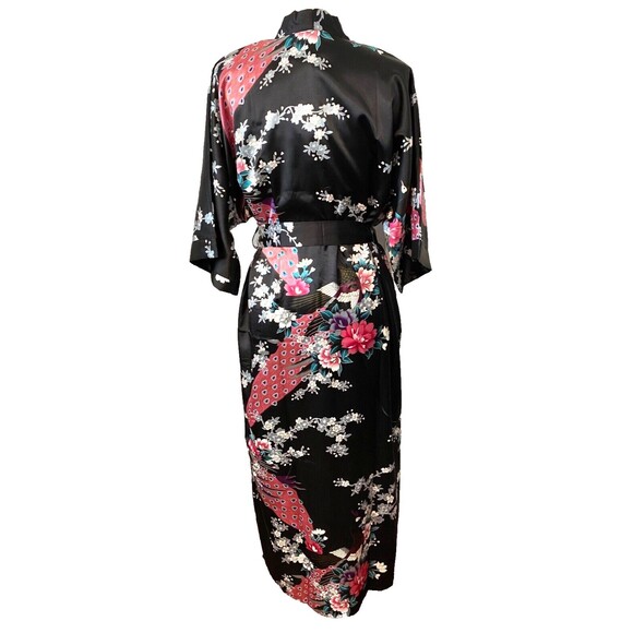 Vtg NWT BABEYOND Satin Kimono Robe Women's M/L Black Floral Peacock Y2K Boho - Picture 3 of 13